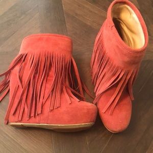 Red suede fringe booties
